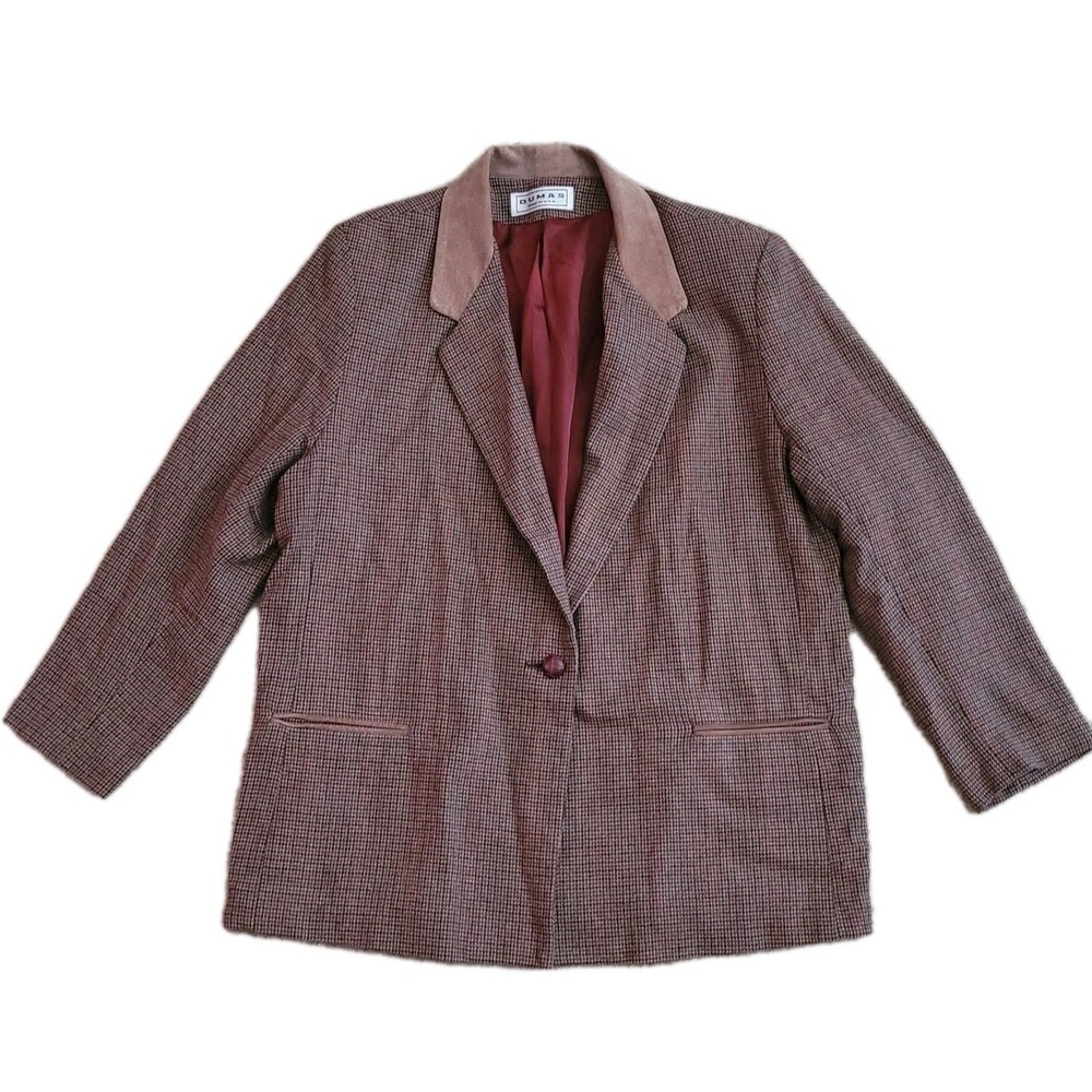 Dumas Blazer Womens 18 Wool Tweed Leather Trim Equestrian Academia